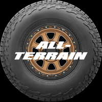 All-terrain tire with gold rim and 'All-Terrain' text on a black background