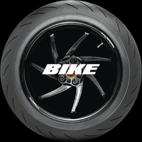 Motorcycle tire with a black rim and 'BIKE' logo on a clear background