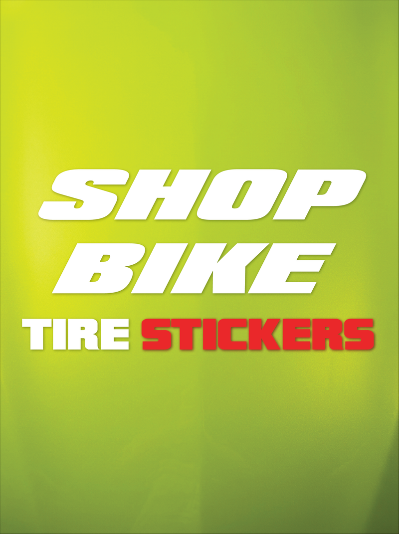 Promotional graphic for 'Shop Bike Tire Stickers' on a green background