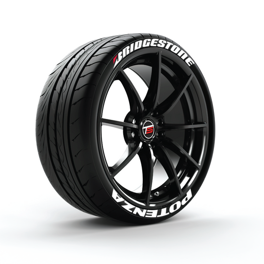 A black Bridgestone Potenza tire sticker on a white background. Tire Stickers SA