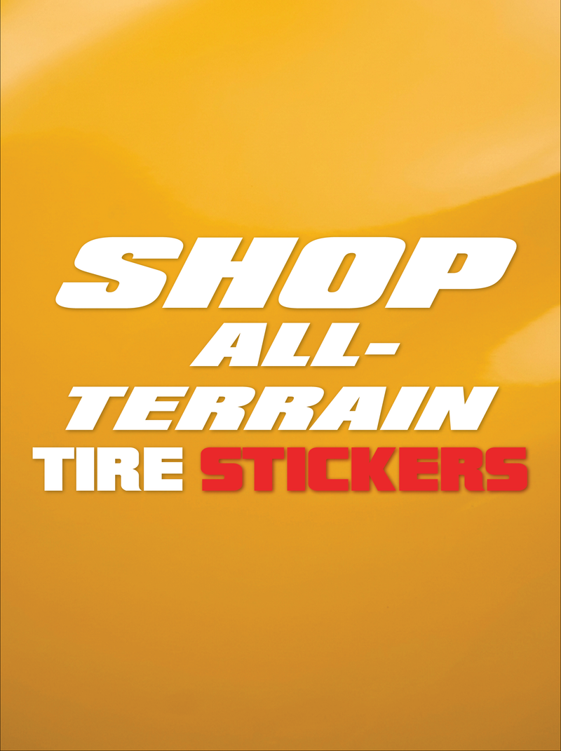 Promotional graphic for all-terrain tire stickers with text on a yellow background