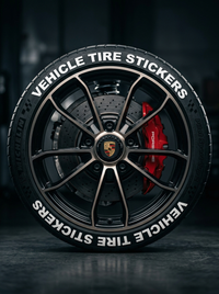 Tire with 'Vehicle Tire Stickers' text and Porsche logo on a dark background