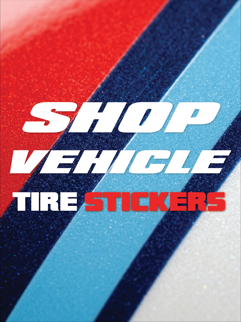 Text 'SHOP VEHICLE TIRE STICKERS' on a background with red, blue, and white stripes.